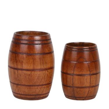 Imagem de Mulitbey 2 peças de copos de madeira em forma de barril, alto e curto, feito à mão, conjunto de canecas de madeira natural para cerveja, uísque, café, acampamento e decoração de bar, 100-200 ml