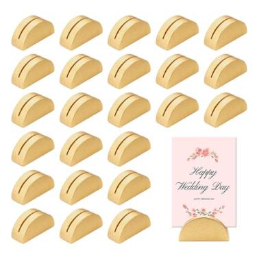 Imagem de 24 peças de suportes de números de mesa de madeira, suportes de números de mesa semicirculares, porta-cartões versáteis para menus, fotos, casamentos e festas, porta-cartões dourados