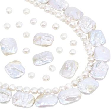 Imagem de PH PandaHall 70 contas de pérolas de água doce, 6 ~ 22 mm, 2 estilos de pérolas naturais retangulares espaçadoras soltas para fazer joias, brincos, pulseiras, colares, artesanato, 2 fios