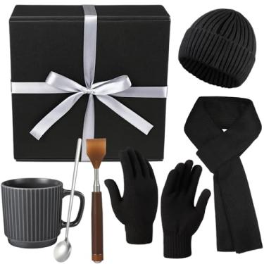 Imagem de Cutecrop Caixa de presente masculina de Natal, chapéu aconchegante de inverno, luvas sensíveis ao toque, conjunto de lenços, caneca de café, colher de café de aço inoxidável e arranhador extensível
