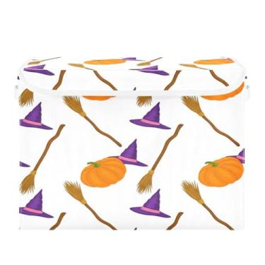 Imagem de Wassud Cestos de armazenamento dobráveis de Halloween com tampas, abóbora e vassouras, cestos organizadores de tecido dobrável para armário, casa e decoração sazonal 41,5 x 32,5 x 39,5 cm