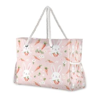 Imagem de Wassud Bolsa de praia grande para mulheres, coelho e cenoura, impermeável, à prova de areia, bolsa de viagem com zíper e bolso para piscina, academia, acampamento