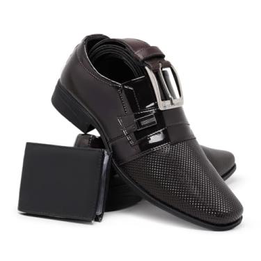 Imagem de Kit Sapato Social Masculino Moderno com Cinto e Carteira, Verniz Sintético, Bico Quadrado, Solado Borracha (Marrom, BR, Adulto, Numérico, 42)