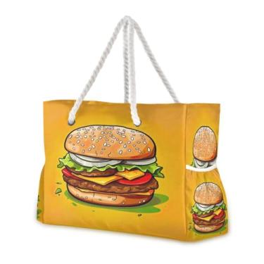 Imagem de Wassud Bolsa de praia grande para hambúrguer gourmet para mulheres, impermeável, à prova de areia, bolsa de viagem com zíper e bolso para piscina, academia, acampamento
