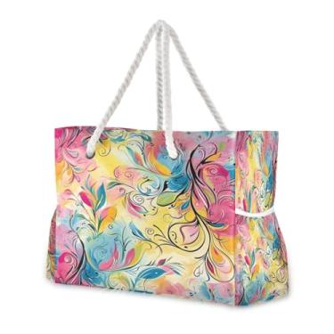 Imagem de Wassud Bolsa de praia abstrata floral grande para mulheres, impermeável, à prova de areia, bolsa de viagem com zíper e bolso para piscina, academia, acampamento