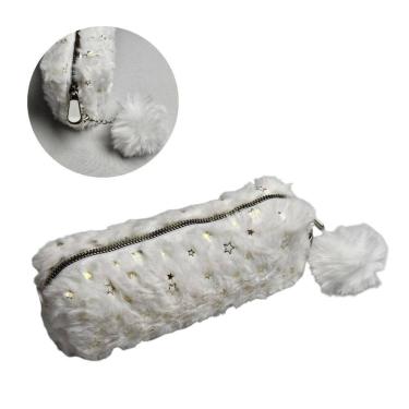 Imagem de Estojo Escolar Pelúcia Branco Glitter Estrelas Fofo com Pompom Lápis Caneta Material Aula Zíper