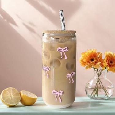 Imagem de Copos de vidro de 473 ml com tampas e canudos, copos fofos para smoothie, café gelado, suco, refrigerante, bebidas