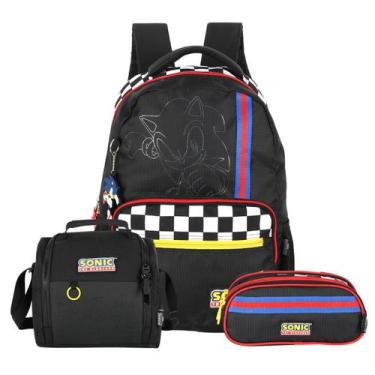 Imagem de Kit Mochila Sonic Costas Lancheira E Estojo Triplo Juvenil, Preto