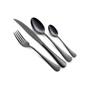 Imagem de Conjunto de Talheres de Aço Inoxidável, Preto, 24 Peças, para 6 Pessoas, Inclui Facas, Garfos, Colheres de Mesa e Chá Polido e Espelhado, Lavável na Lavadora, Ideal para Jantar Formal