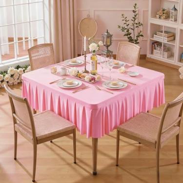 Imagem de Wish Care Toalhas de mesa de elastano rosa para mesas quadradas de 122 x 122 cm, roupas de mesa elásticas com saia plissada com babados para mesa de 122 cm, sem rugas e elásticas, para festa, cozinha