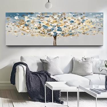 Imagem de Arte de parede em tela rústica vintage azul e branco dourado - Pôster sem moldura de 30,5 x 91,4 cm - Ideia de presente para decoração de casa e escritório para sala de estar, quarto, cozinha e café