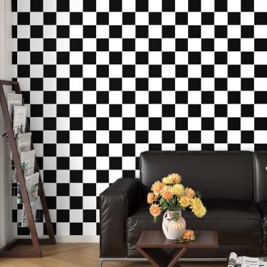 Imagem de EPPKILY Papel de parede quadriculado descasque e cole papel de contato preto e branco papel de parede xadrez para quarto banheiro parede de destaque 15,7" × 78,18 cm papel de contato autoadesivo para
