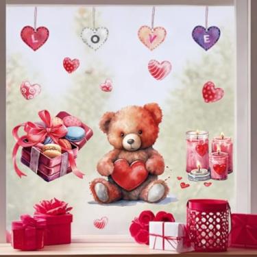 Imagem de Adesivos de janela de dia dos namorados com ursinhos fofos adesivos de janela com design de vela de coração de biscoitos decalques de janela dupla face para decoração de porta de vidro de casa de