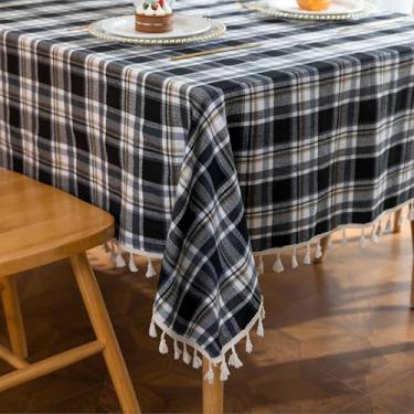 Imagem de Erbnaryx Toalha de mesa xadrez para mesas quadradas 159 x 250 cm, toalhas de mesa com franjas, toalha de mesa decorativa para cozinha e sala de jantar, preta