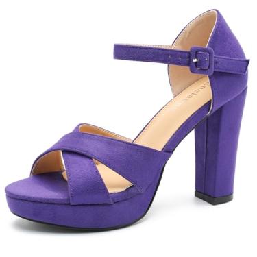 Imagem de Enelauge Sandálias femininas de salto alto grossas plataforma bico aberto tira no tornozelo salto bloco vestido noiva festa de casamento sapatos noite sapatos, Camurça roxa, 38