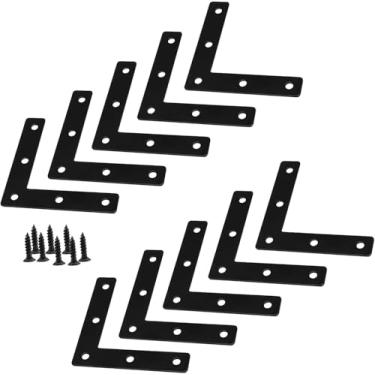 Imagem de Pacote com 10 suportes de canto de 80 x 80 mm (80 x 80 mm), suporte de canto plano de ferro, suporte de metal em forma de L, placas de reparo de ângulo reto com parafusos