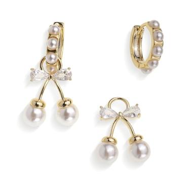 Imagem de JeanBeau Brincos de argola com laço dourado para mulheres e meninas, moderno, pérola, strass, fita, laço, pingente, baile, casamento, joias modernas, presente, Aço inoxidável, Pérola