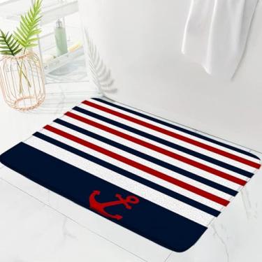 Imagem de AEMBEE Tapete de banheiro com âncora náutica, vermelho, azul, branco, listrado, geométrico, oceano, patriota, 4 de julho, tapete de espuma de memória, 48 x 74 cm