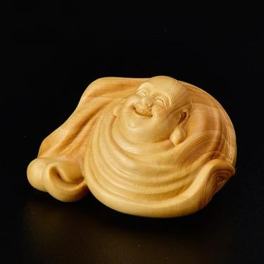 Imagem de FENNYYAR Estátua de Buda de madeira de buxo esculpida à mão, 6,8 cm, 6,6 cm, estatueta de Maitreya para decoração de casa
