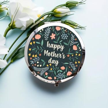 Imagem de Espelho compacto prateado, espelho de maquiagem dobrável dupla face de 7 x 7 cm com design floral feliz dia das mães, presente ideal para mulheres