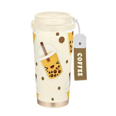 Imagem de TSENQUE Caneca de café de viagem de 473 ml com revestimento cerâmico, copo de café de aço inoxidável com tampa e canudo, copo isolado a vácuo, chá bolha fofo bege