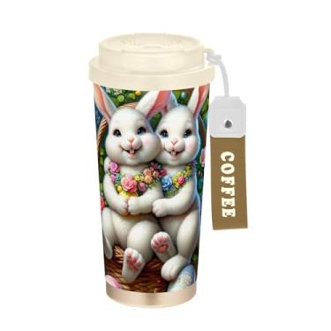 Imagem de TSENQUE Caneca de café de viagem 40 ml com revestimento cerâmico, copo de café de aço inoxidável com tampa e canudo, copo isolado a vácuo, coelho da Páscoa branco colorido primavera