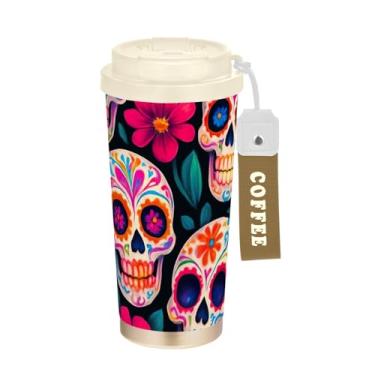 Imagem de TSENQUE Caneca de café de viagem 40 ml com canudo e tampa, revestimento cerâmico, isolada a vácuo, caneca de café de aço inoxidável à prova de vazamento, estampa colorida de flores e caveiras