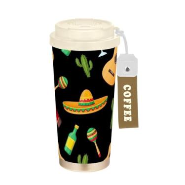 Imagem de TSENQUE Copo de café de 473 ml com canudo e tampa de enchimento, revestimento cerâmico, isolamento a vácuo, caneca de café de aço inoxidável à prova de vazamento, guitarras clássicas de madeira cacto