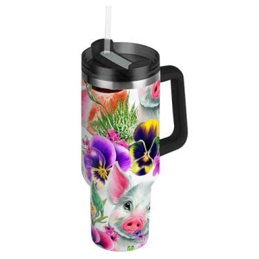 Imagem de Joisal Copos com tampas e canudo fofo leitão rosa roxo floral 1,134 g copo com alça grandes garrafas de água isoladas aço inoxidável caneca de café quente para carros
