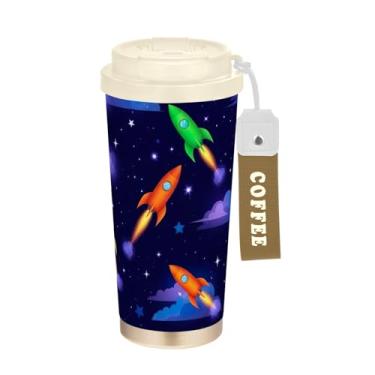 Imagem de TSENQUE Copo de café de 473 ml com tampa de canudo e filp, canecas de café de parede dupla isoladas a vácuo com revestimento cerâmico, desenho espacial de foguetes coloridos