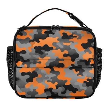 Imagem de Joisal Lancheira abstrata de camuflagem preta laranja para mulheres, meninas, lancheira com alça de ombro masculina e infantil, lancheira para trabalho e meninos, linda bolsa térmica com flores