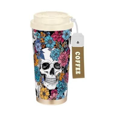Imagem de TSENQUE Copo de café de viagem de 473 ml com canudo e tampa de enchimento, caneca de café de aço inoxidável isolada a vácuo à prova de vazamento, crânios pretos e brancos vibrantes florais