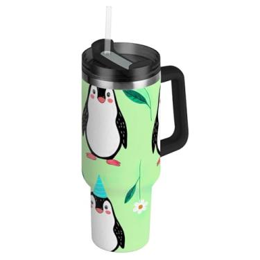 Imagem de Pinguins fofos divertidos copos verdes com tampa e canudo copo térmico com alça garrafas de água de 1,134 g copo de café isolado de aço inoxidável para carro