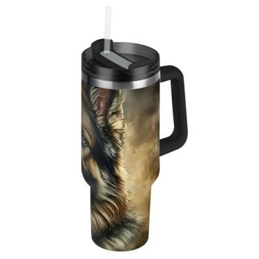 Imagem de Joisal Copos para cães pastor alemão com tampas e canudos, garrafas de água de aço inoxidável isoladas de 850 g copo com alça térmica carros xícara de café bebida quente