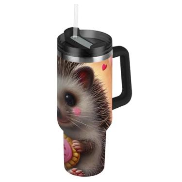 Imagem de Joisal Adorável copo de biscoito de ouriço com tampa e canudo de aço inoxidável isolado copo de garrafa de água com alça 850 g caneca de café quente a vácuo para carros