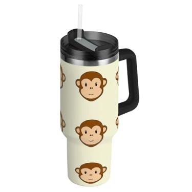 Imagem de Joisal Copos com tampa e canudo Caras de macaco brincalhões bege fofo copo de 1,134 g com alça rosa bonito garrafa de água isolada carros de aço inoxidável caneca de café bebida quente