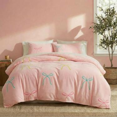 Imagem de Bedbay Jogo de cama Queen com laço rosa, luxuoso, de veludo, gravata borboleta, para meninas adolescentes, estilo princesa, decoração de quarto, estética, macia, de veludo, 3 peças