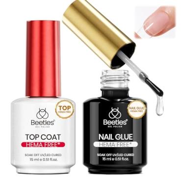 Imagem de Beetles Conjunto de 2 peças de gel de cola de unhas sem HEMA de 15 ml e sem panela, super forte para esmalte de gel, extensão de unhas pressionada, efeito de brilho, longa duração, luz UV, presente de