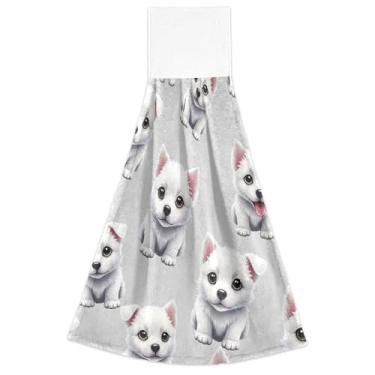 Imagem de Cachorros de desenho animado fofos filhotes brancos toalhas de mão para pendurar no outono, toalhas de forno, conjunto de 2 decorações de cozinha modernas altamente absorventes, 46 x 35 cm