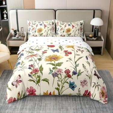 Imagem de jejeloiu Linda capa de edredom floral, 100% algodão, tamanho Queen, para meninos, meninas, estampa de flores, vermelho, amarelo, decoração de quarto, 3 peças, fecho de zíper com 2 fronhas