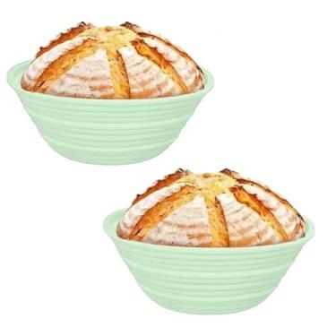 Imagem de 2 cestas Banneton à prova de pão, suprimentos de silicone para assar pão de fermento, cestas à prova de pão para fermento, cesta redonda dobrável de 23,5 cm (verde redondo)