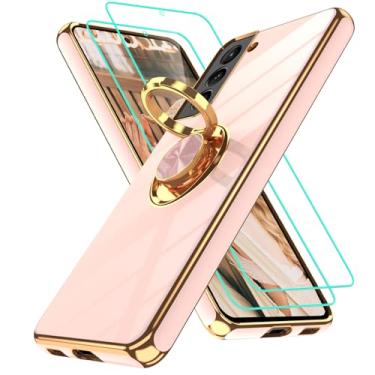 Imagem de Gritup Capa para Samsung Galaxy S21: com 2 peças, protetor de tela, suporte de anel de rotação de 360°, suporte magnético banhado a ouro, borda dourada, capa protetora à prova de choque TPU macio para