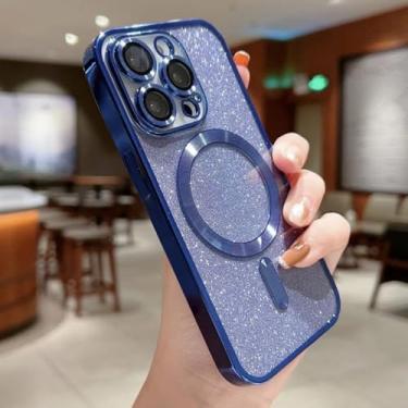 Imagem de HJZSZX Capa de celular luxuosa com carregamento sem fio e revestimento eletrolítico para iPhone 16 Plus, capa protetora macia com glitter (para iPhone 16 Plus/azul)
