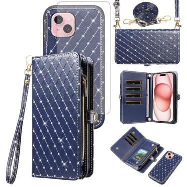 Imagem de Capa de telefone para iPhone 15 Plus 6,7 carteira com zíper destacável protetor de tela protetor de tela transversal alça de cordão bling glitter flip porta-cartão slot i Phone15 15+ i15 + 15 Plus