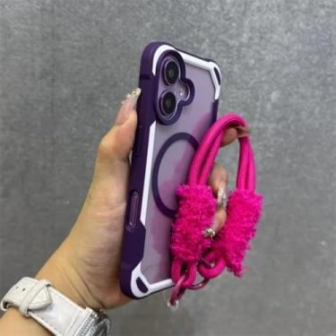 Imagem de HJZSZX Capa protetora magnética transparente com cordão para iPhone 16 Plus (roxa)