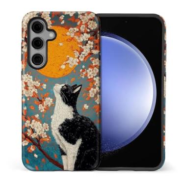 Imagem de CARLOCA Compatível com Samsung Galaxy S25 FE Capa protetora de corpo inteiro fosca para meninas meninos à prova de choque estética padrão preto branco gato flor de cerejeira sol