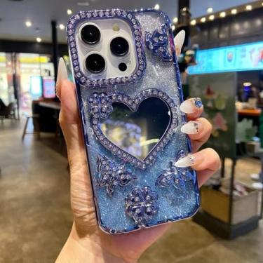 Imagem de HJZSZX Capa espelhada com glitter e coração para maquiagem, capa transparente de silicone macio com borboleta para iPhone 16 Plus (para iPhone 16 Plus/azul)