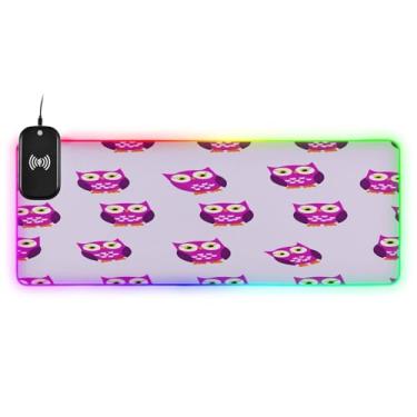 Imagem de CEBUGI Mouse pad de carregamento sem fio Purple Owls 15W Fast Gaming Mouse Pad com 14 iluminação LED RGB para jogos, PC, laptop, mesa 80 x 30 cm