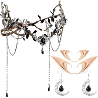 Imagem de MOSTORY Conjunto de acessórios renascentistas medievais - Coroa de elfo viking orelhas de elfo e brincos de lua para mulheres Renfaire Fairy Cosplay, Preto, prata, adjustable