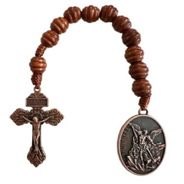 Imagem de Bovemee Rosário de bolso para medalha de São Bento, contas de madeira marrom católica com medalha de san benitol e crucifixo, 23 cm, 9 Inch, Madeira, Sem Pedra Preciosa